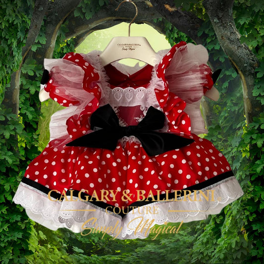 order Bespoke Infant birthday party red polka dot dress with voluminous tulle ruffles and delicate lace trim, luxury handmade Minnie Mouse inspired couture for milestone portraits, Calgary and Ballerini.