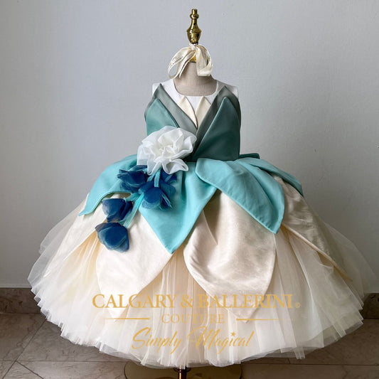 Shop Artisan Green Princess 1st Birthday Theme Dress – Luxury Storybook Gown with Hand-Applied Floral Petals, Calgary and Ballerini.