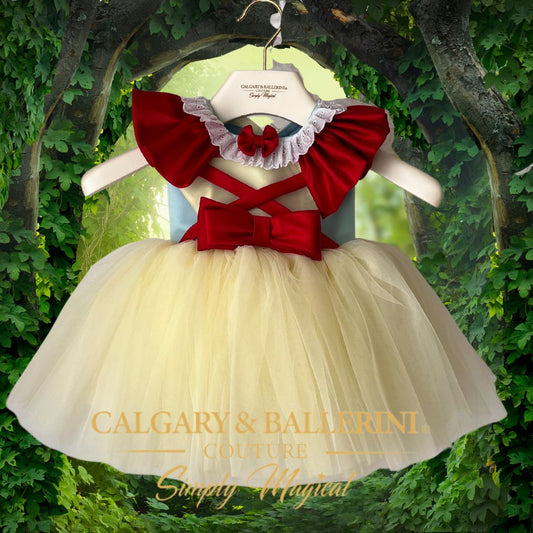 Bespoke Little Mirror Snow White Dress - 2026 Lava Falls Red & Lapis Blue Heritage Couture - Artisan Inflated Puff Sleeves & No-Itch Silk Shield - Calgary and Ballerini 21 Years