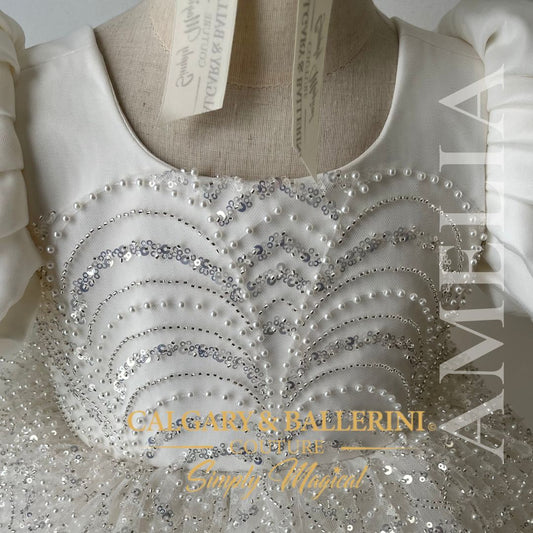 front close up of pear and sequin bodice details