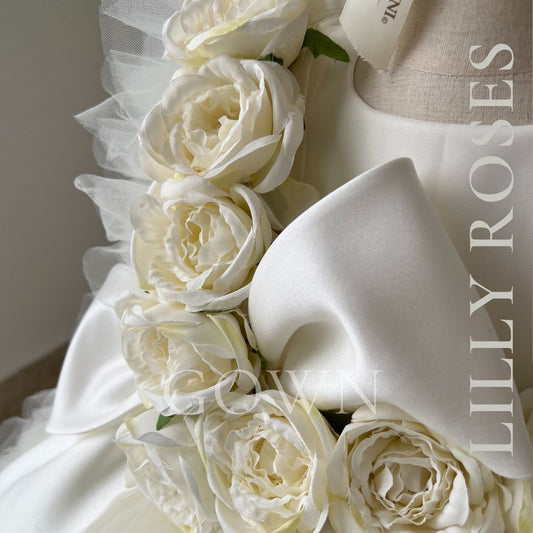 Luxury christening gown with silk and French lace and oversized back bow