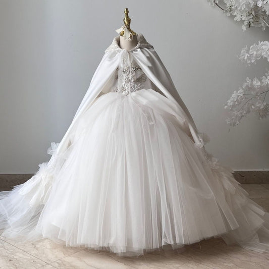 White Flower Girl Dress with Cape