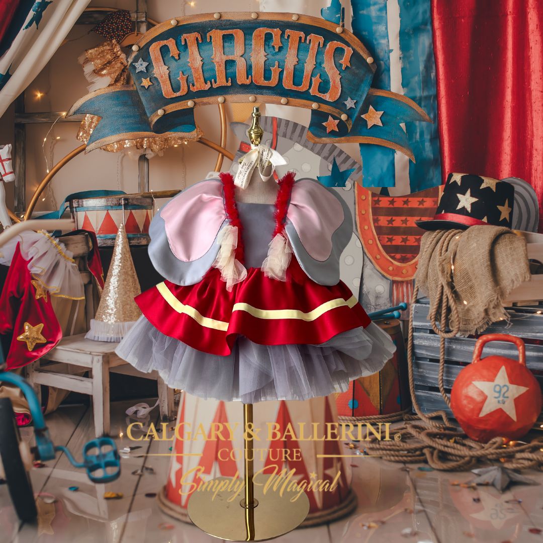 Close up detail of circus elephant birthday dress layered tulle skirt luxury couture