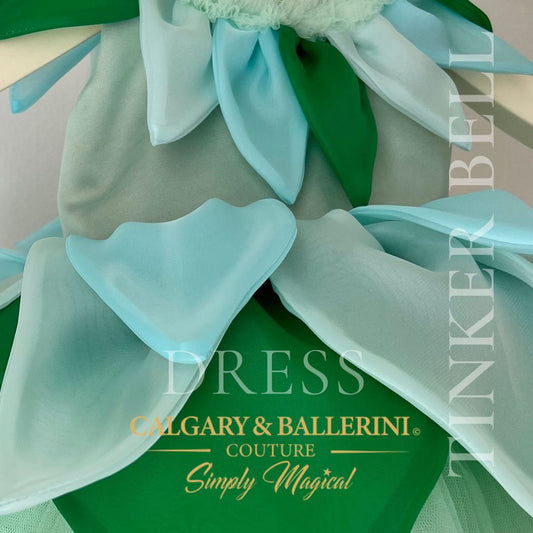 green fairy dresses back view of petals on skirt