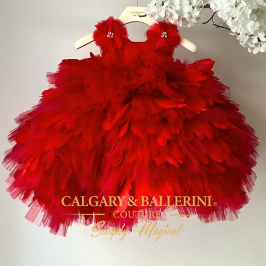 First Birthday Dress ( Ages 1– 6 yrs ) | Kids Red Feather Luxury Gown