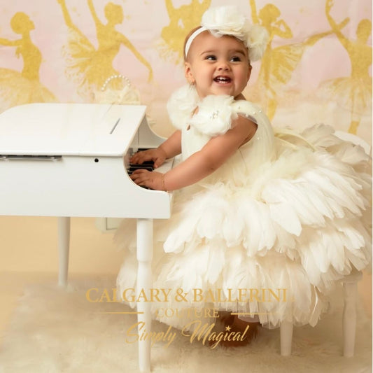 Ivory Feather Knee Length (Ages 6M–6Y) Kids Princess Dress Outfit
