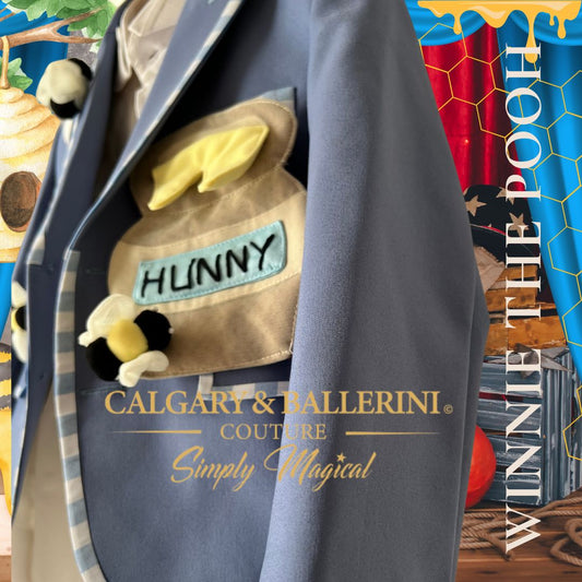 Order a bespoke Christopher Robin birthday suit for toddler boys, artisan handcrafted 3-piece set with 3D bees for storybook themed celebrations.