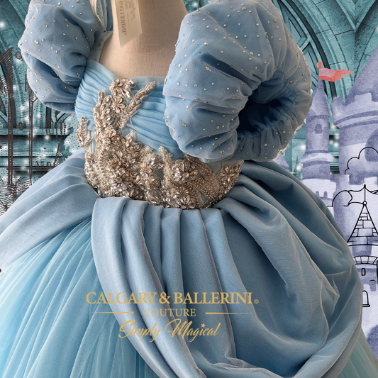 order Handmade Cinderella Divine 1st birthday ball gown, luxury ice blue princess dress for milestone portraits, boutique heirloom couture with butterfly details, Calgary and Ballerini.