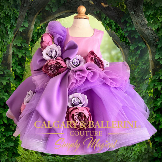 Hand-stitched purple goose feather dress for baby girl, luxury 1st birthday violet gown, artisan heirloom couture with feather trim Calgary and Ballerini