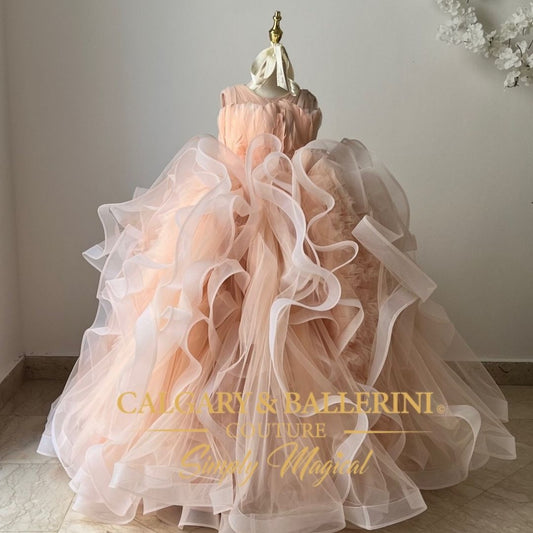 Peach Flower Girl Dress with Feathers