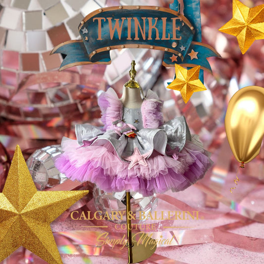 Shop Galactic Themed 1st Birthday Dress – Bespoke Silver Space Age Princess Gown with 3D Moon and Stars for High-End Milestone Parties, Calgary and Ballerini.