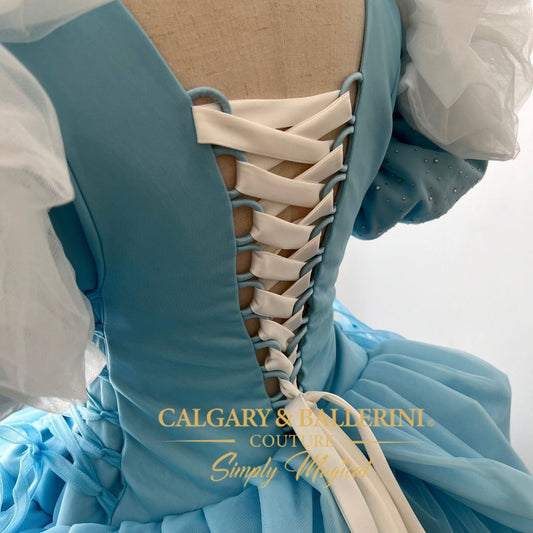 where to order portrait grade Cinderella inspired mommy and me couture for milestone photos. buy Cinderella princesscore mother daughter matching birthday party dresses, luxury light blue handmade gowns with puffy sleeves and velvet bodice, boutique milestone portrait couture, Calgary and Ballerini.