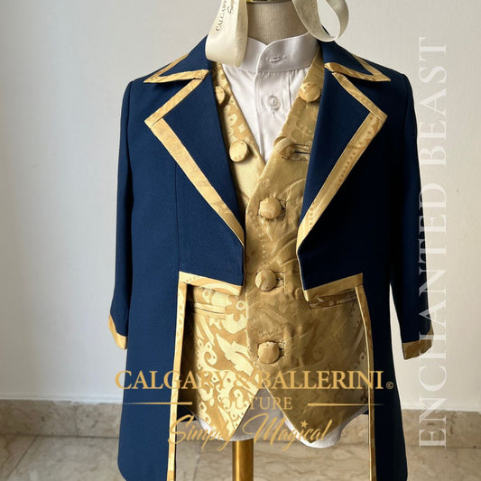 where to order bespoke beauty and the beast boys royal suits for birthday. order Handmade boys Beast Prince 1st birthday outfit, luxury royal blue velvet jacket with gold metallic detailing and lace cuffs, heirloom milestone portrait suit. Calgary and Ballerini Trusted by Moms in 85 countries with 1,500+ reviews. 21 years of excellence.
