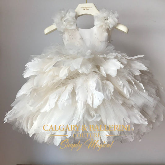 White Goose Feather (Ages 6M–10Y) Kids Birthday Party Dress