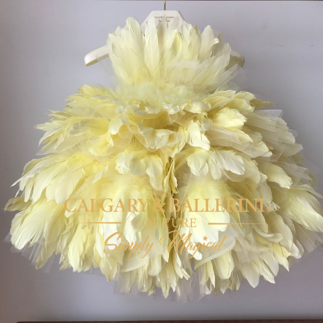 First Birthday Dress | Kids Yellow Floor length Feather Gown