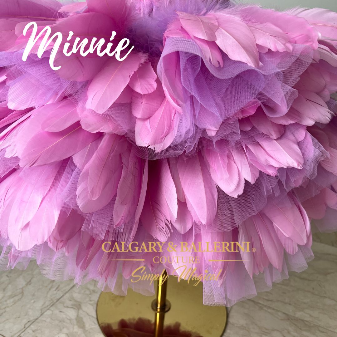 Close up short feather details on skirt ruffle purple