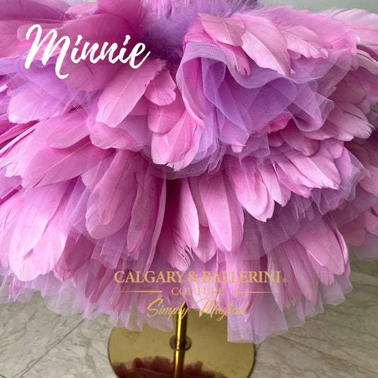 Close up short feather details on skirt ruffle purple