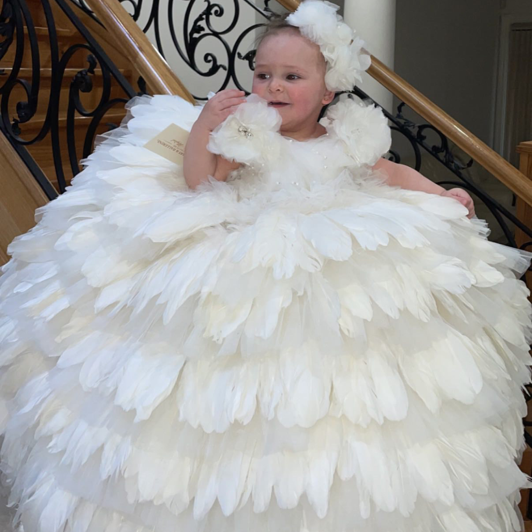 Outrageous, Stunning Floor length feather Dresses Kids $1000 Ages 1-12