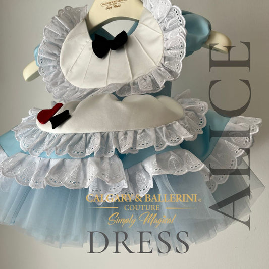 Disney store Alice in wonderland couture costume close up size view white apron details 