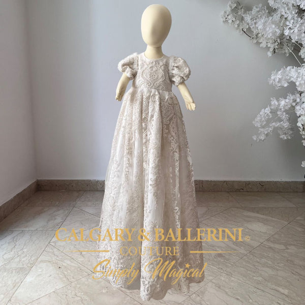 Puff sleeve pearl and lace christening gown