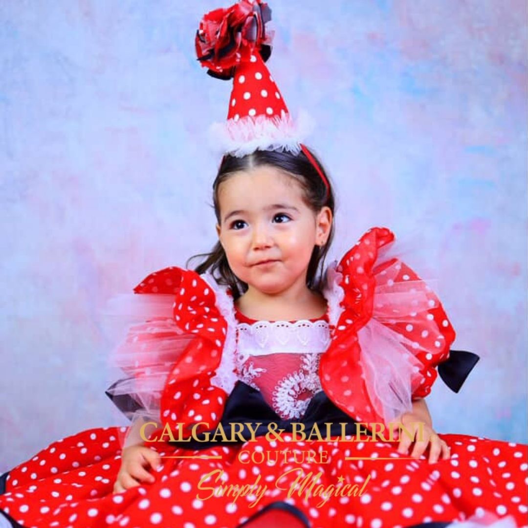 Buy Bespoke 1st Birthday Minnie Mouse Outfit – Handmade Red Polka Dot Luxury Dress with Artisan Puffy Tulle for Milestone Portraits, Calgary and Ballerini.