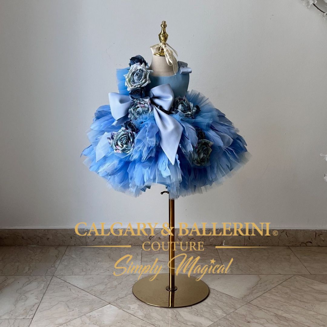 Blue feather flower girl dress