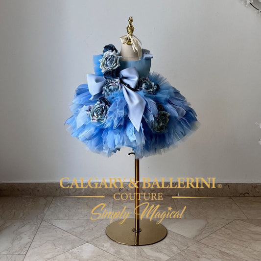 Blue feather flower girl dress