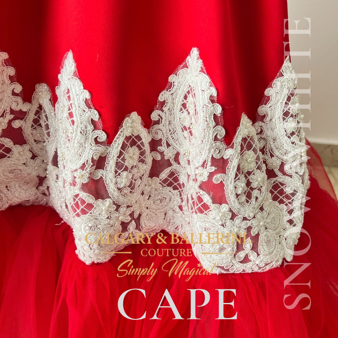 Disney snow white red satin costume cape with white lace details 