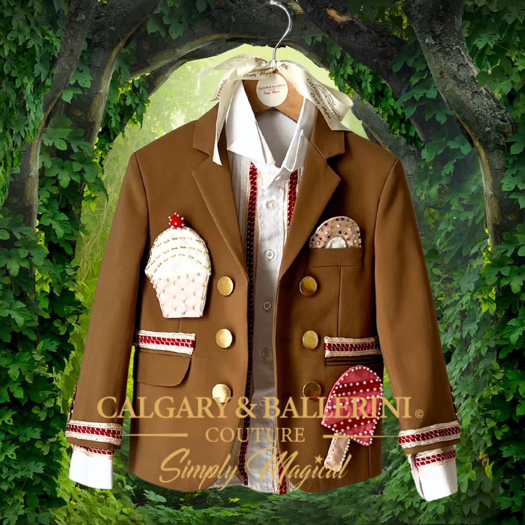 Candyland Costume for Boy - Brown blazer with decorative elements on a hanger against a green leafy background, featuring the brand 'Calgary & Ballerini Couture'.