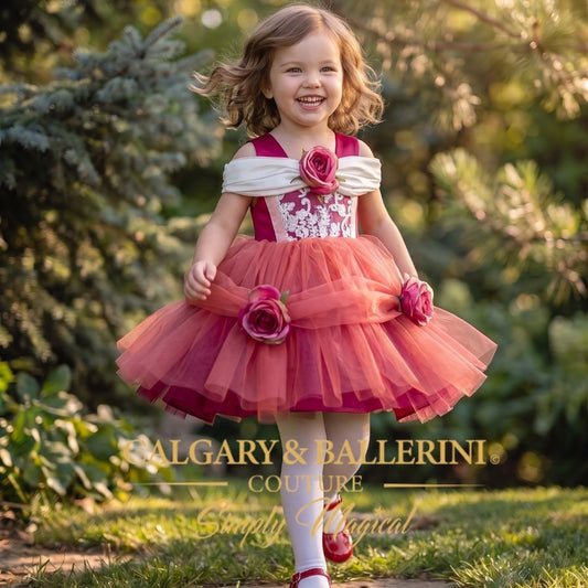 A young girl smiling outdoors in a bright pink and red tulle flower girl dress with white off-the-shoulder straps, a white lace bodice, and large pink fabric roses. The image has a watermark overlay reading 'CALGARY & BALLERINI COUTURE Simply Magical'.