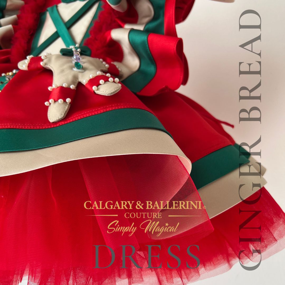 Christmas Disney gingerbread man first birthday dress - close up skirt red tulle and satin with a green stripe 