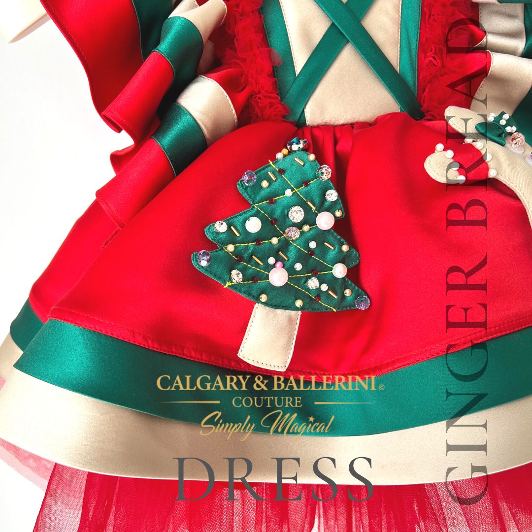 Christmas Disney outfit - red satin dress with jeweled Christmas tree motif - close up view   