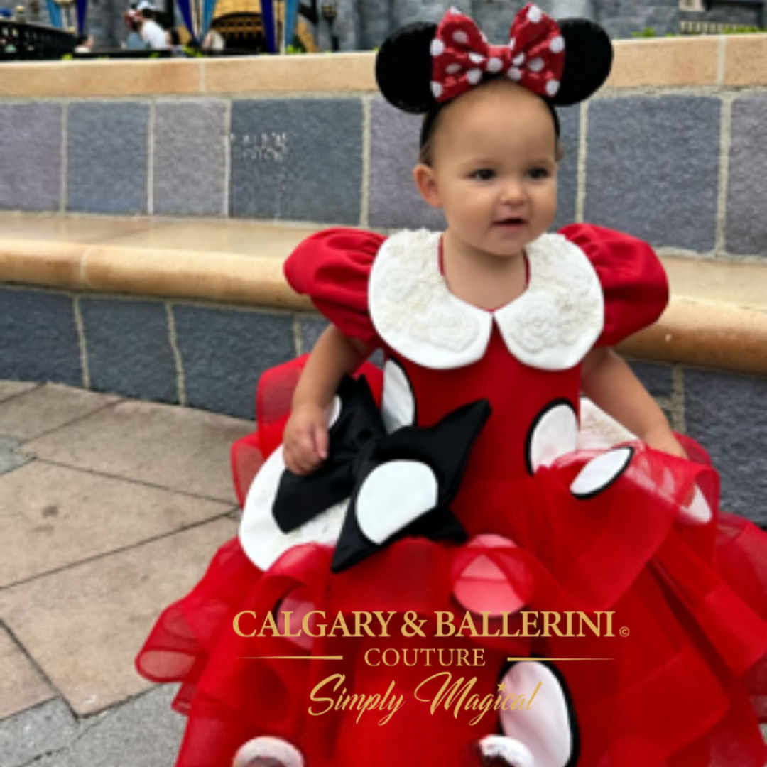 Order Handmade Minnie Mouse Toddler Birthday Outfit – High-End Red Polka Dot Princess Gown with Matching Hair Bow for Luxury Celebrations, Calgary and Ballerini