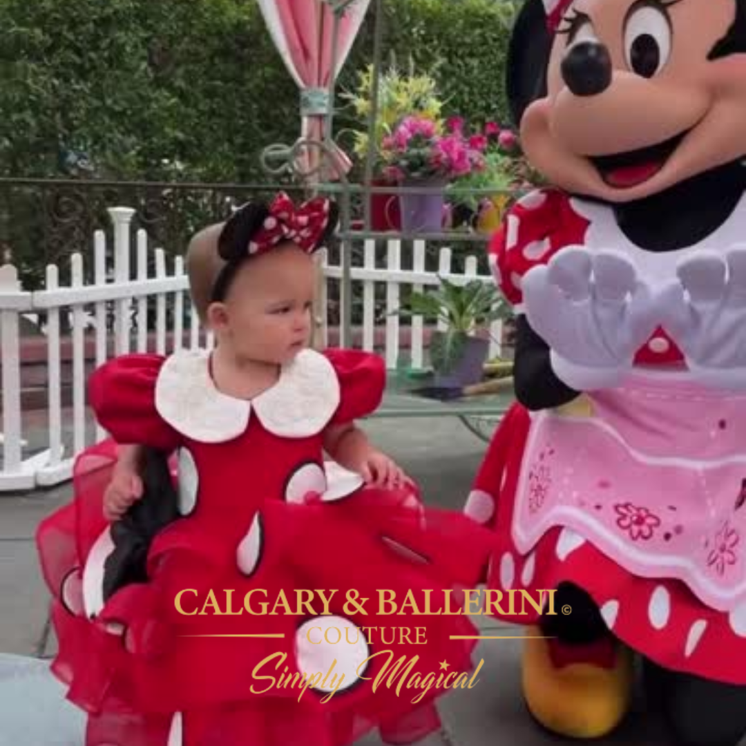 Shop Heirloom Minnie Mouse Birthday Dress – Red Polka Dot Luxury Couture Set for Babies and Toddlers, Calgary and Ballerini. outfit for a Disney Cruise vacation, high-end luxury artisan dress for formal nights and meet-and-greets.