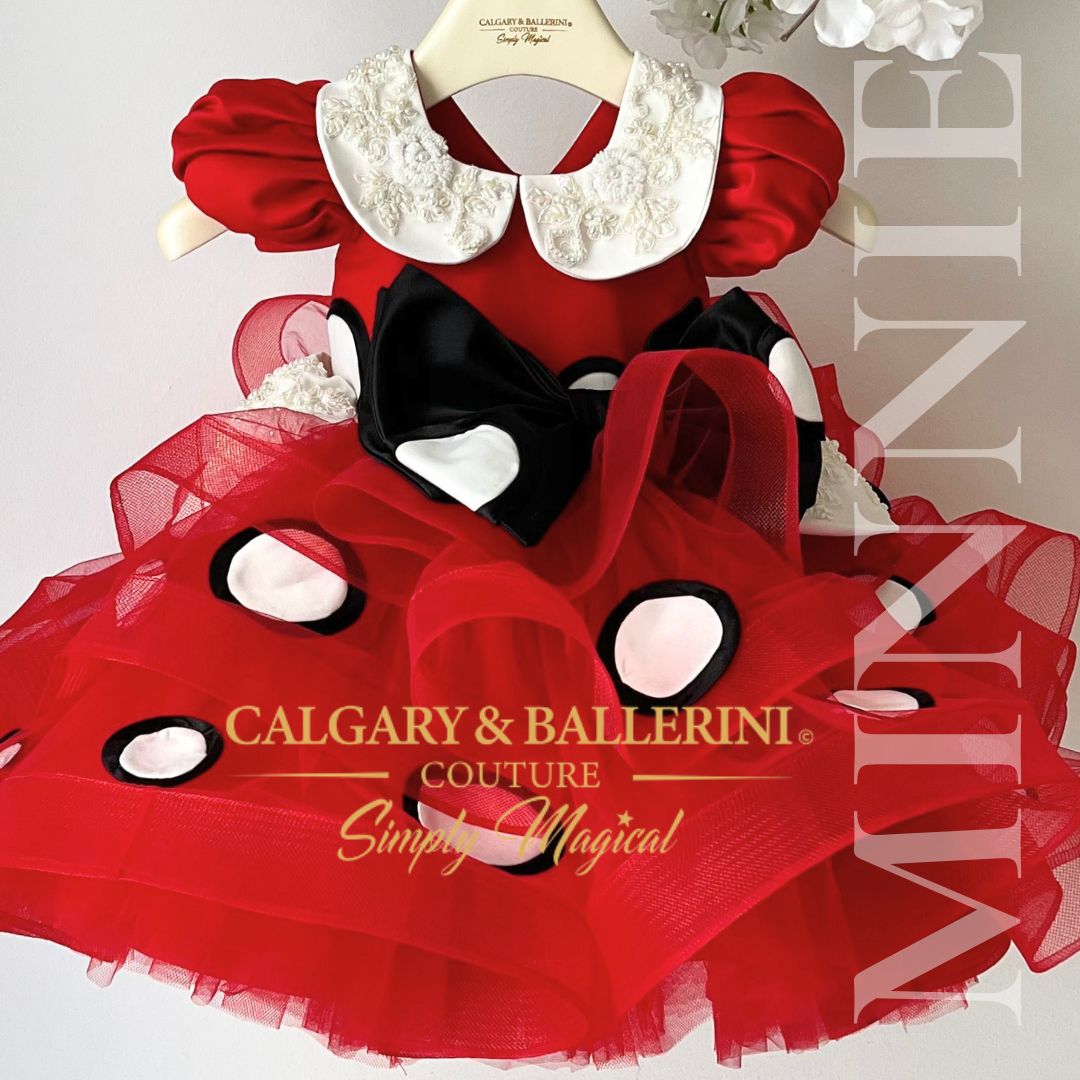 Shop Handmade 2nd Birthday Outfits Minnie Mouse Theme – Bespoke Red and White Polka Dot Princess Gown with Master Tailor Craftsmanship, Calgary and Ballerini. baby girl's first Disney trip, handmade bespoke heirloom couture for magical park photos.