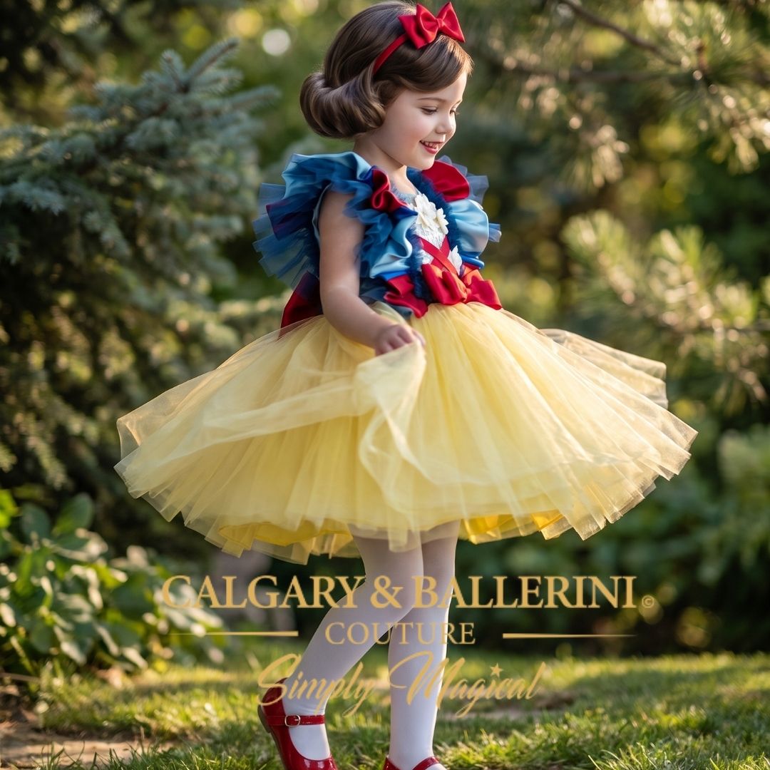 A young girl wearing a Snow White-inspired costume dress with a yellow tulle skirt, blue and red ruffled bodice, white tights, and red shoes, standing outdoors in a garden. The brand text 'GALGARY & BALLERINI COUTURE Simply Magical' is overlaid at the bottom.