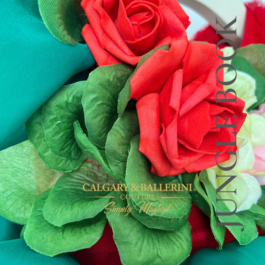 side view close up roses in red and green leaves  on kids costumes