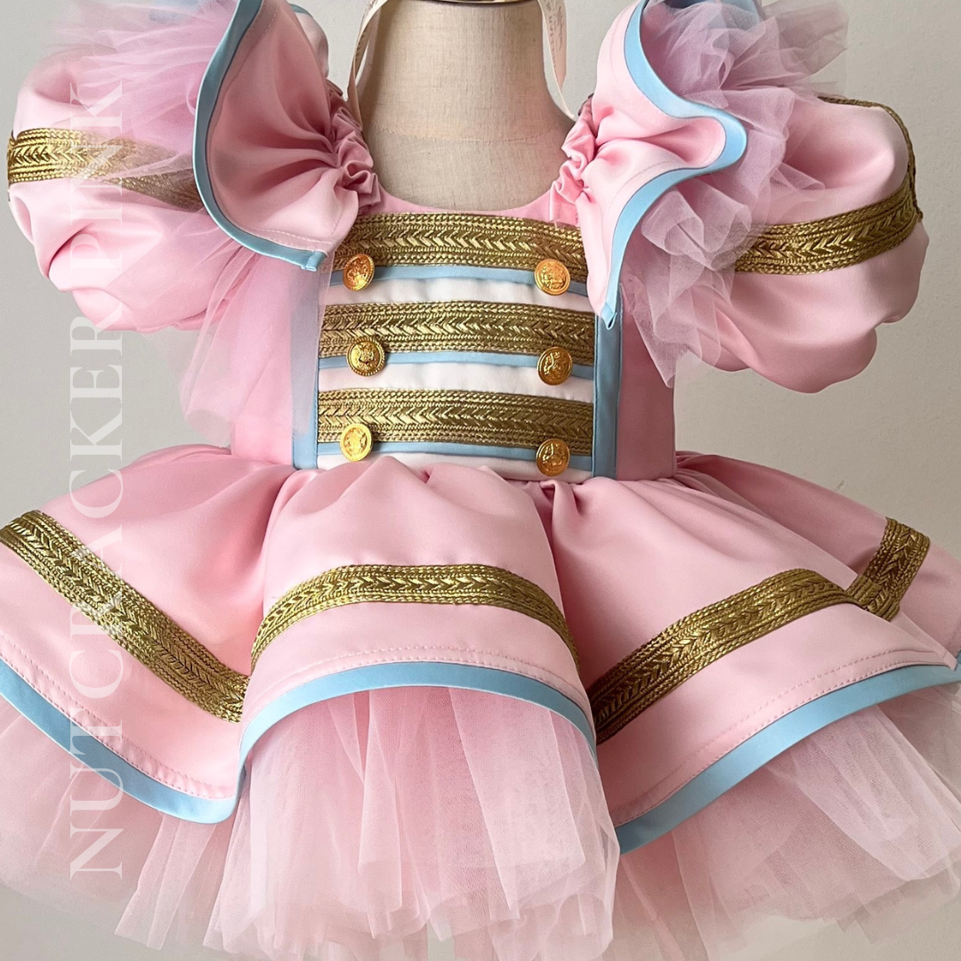 gold buttons on pink satin  Girls Christmas Dresses