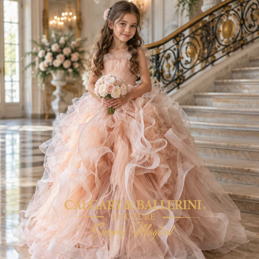 Peach Flower Girl Dress with Feathers