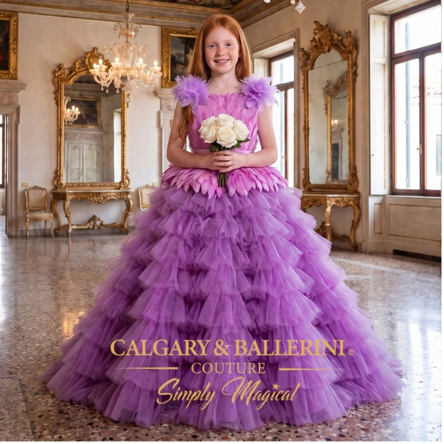 Luxury purple feather wedding dress for girls, delivered to Doha