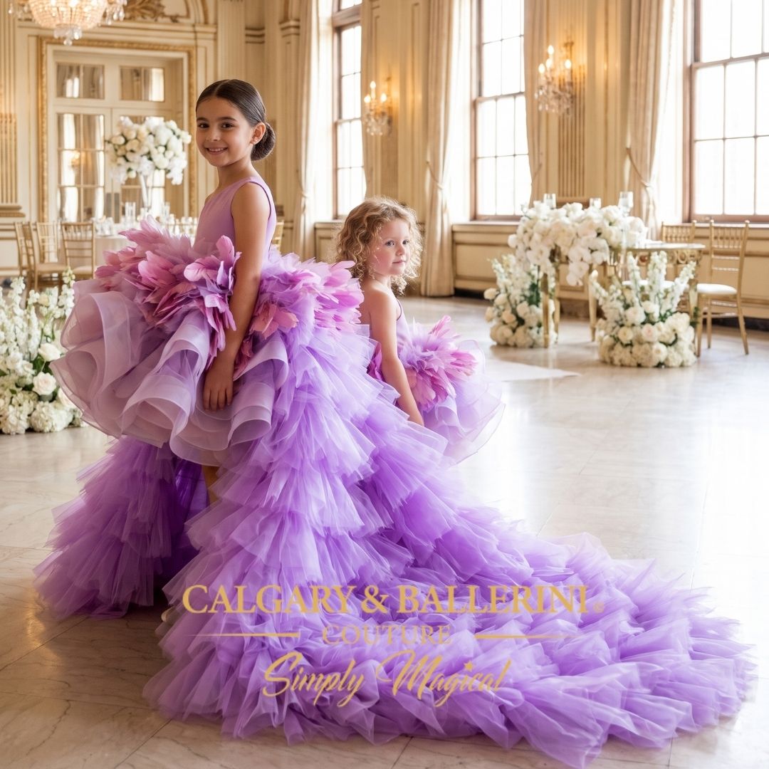 Feather Flower Girl Dress | Lavender Couture Gown with Train