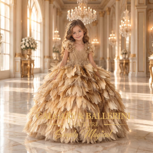 Gold Feather Flower Girl Gown | Luxury Wedding Couture