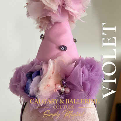 center base of hat close up tulle flower with rhinestone 