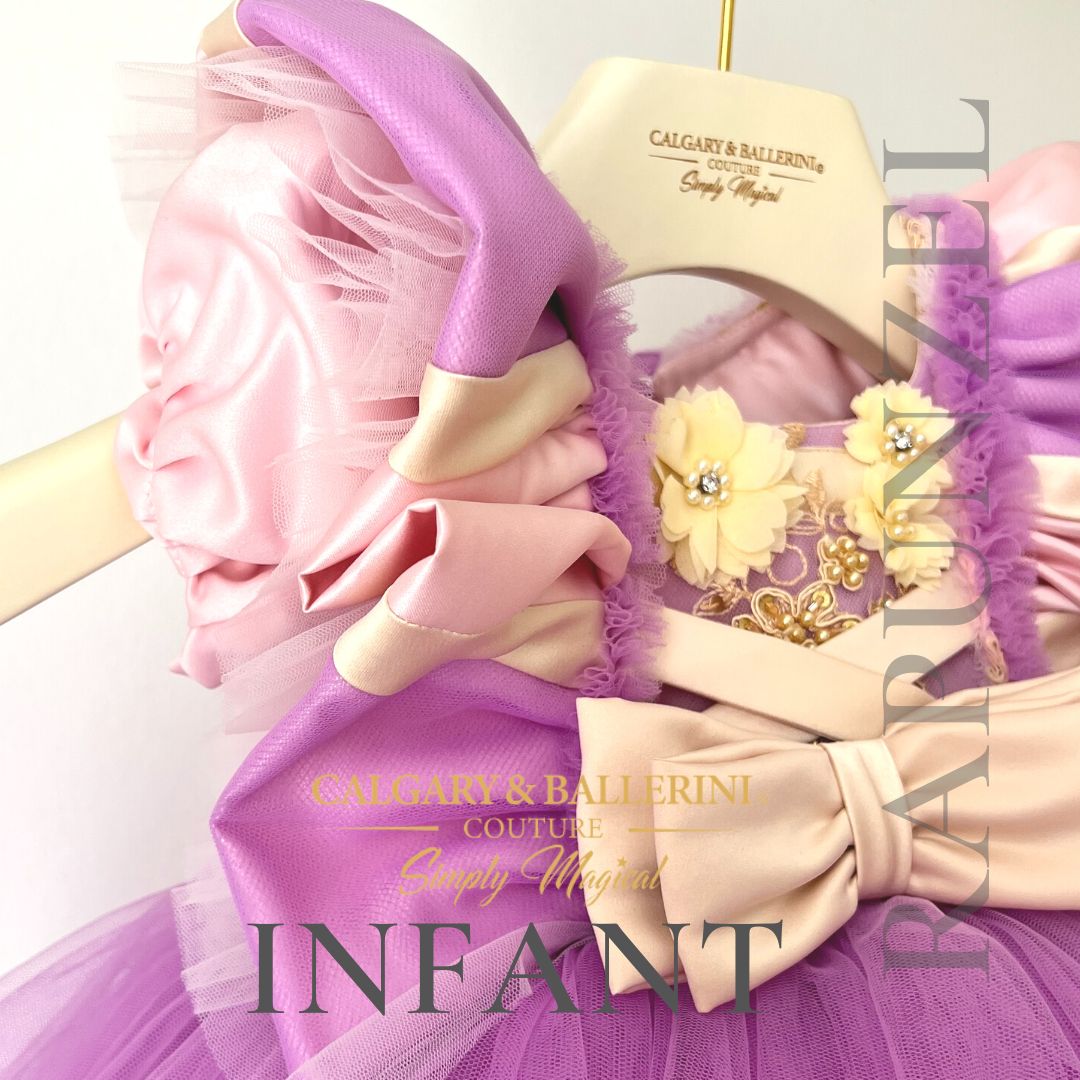 Hand-stitched Rapunzel lavender princess dress, luxury layered tulle skirt with vintage lace bodice, artisan handmade floral couture for toddlers, Calgary and Ballerini milestone gown.