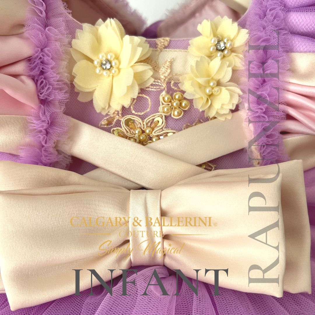 Disney Tangled Princess Rapunzel dress for 1st birthday party costume - close up of bodice and yellow flower details 