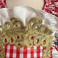 Girls Pinafore Dress Red gingham dress with gold embroidery and white satin bodice details  