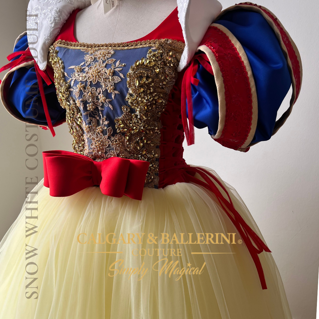 Snow White Costume Adult closeu up gold lace and rhinestone on bodice with puff sleeves 