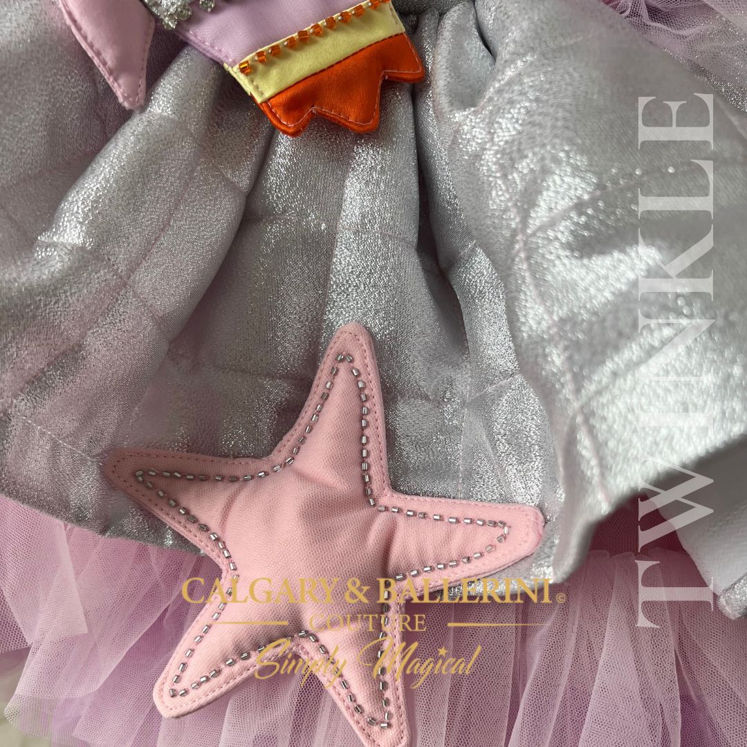 skirt hemline details of puff pink star and beaded trim in silver 