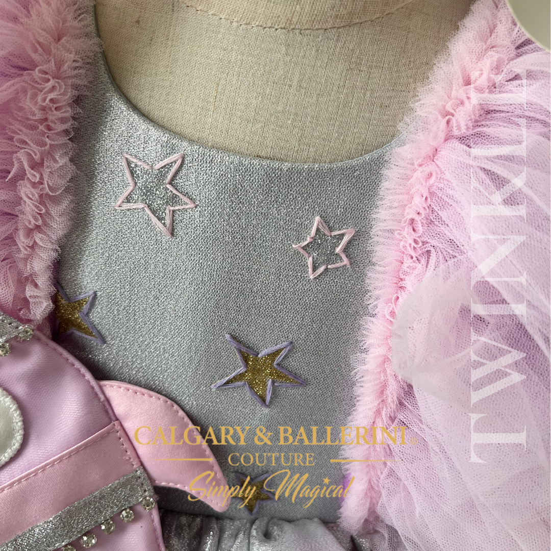 close up bodice star embroidery in pink and purple tread kids costumes