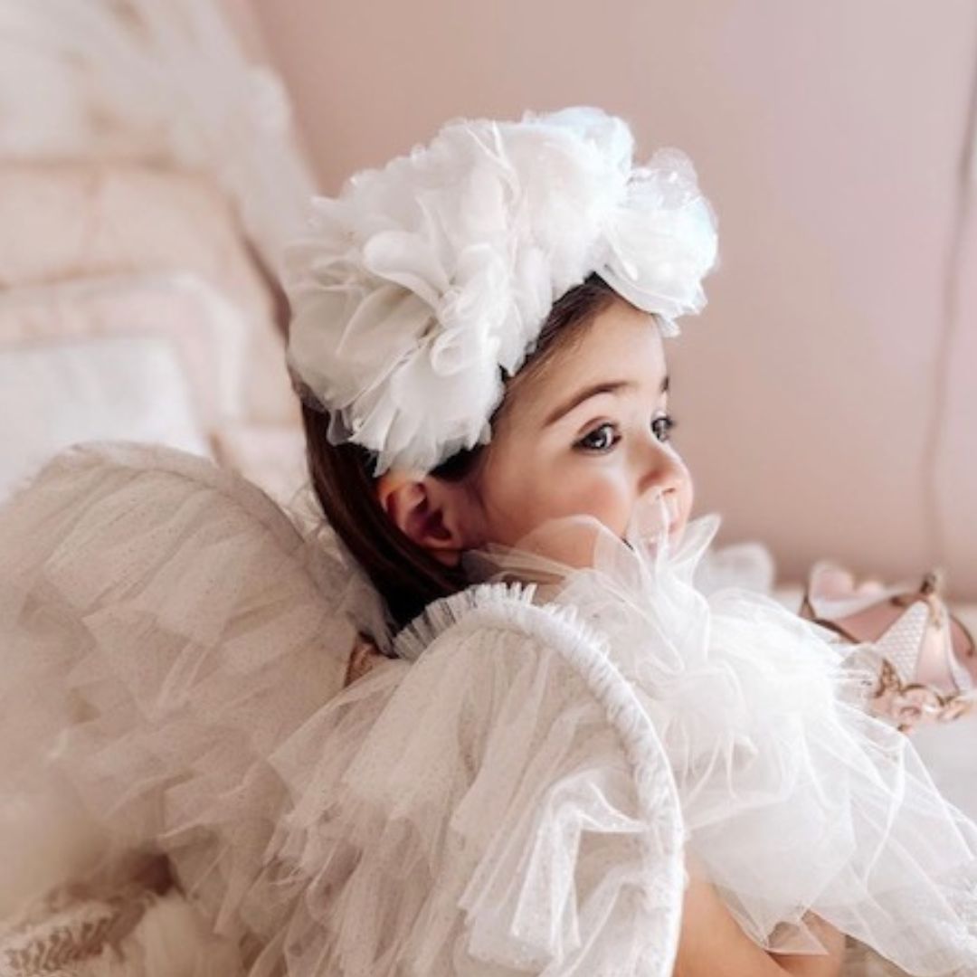 White Tulle Pom Pom Carnation Head Piece Tiara